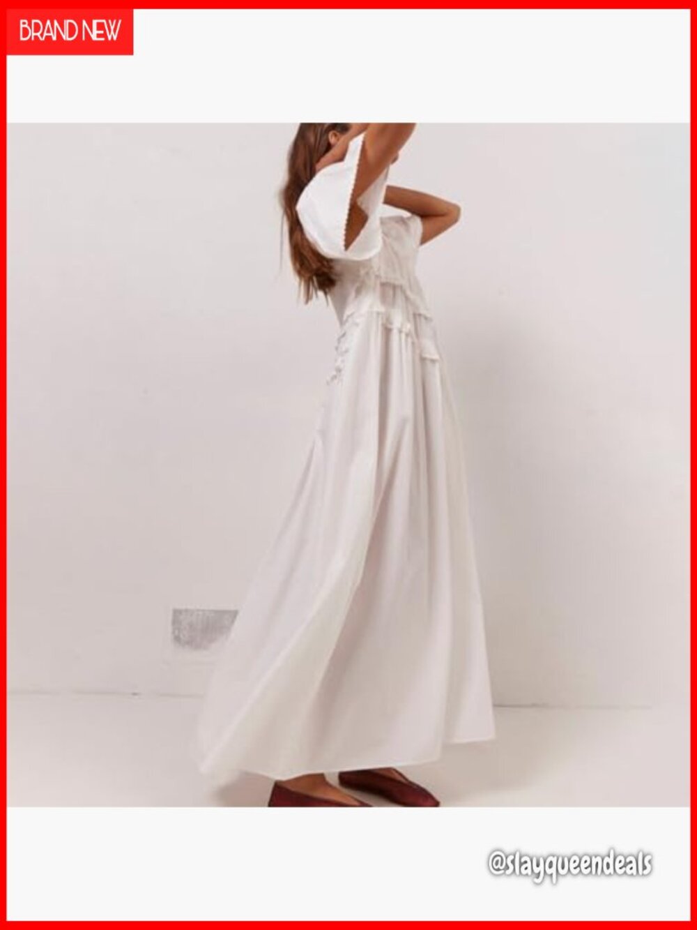 Maxi Dress Low Neckline Open Back Relaxed Fit Long Dress Frill Lace Trim Beach - Picture 3 of 7